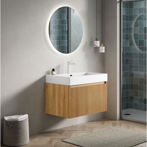 Meuble de salle de bain suspendu 70 cm avec lavabo en résine blanc et tiroir effet bois naturel (1/5)