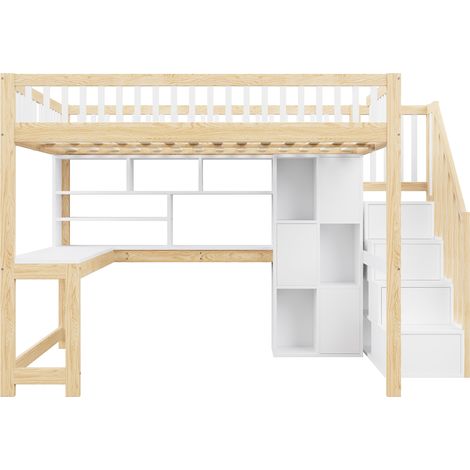 Cama alta 140x200 cm con LED, escalera con almacenaje, estantes y escritorio, blanco/natural (1/5)