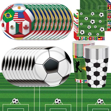Ensemble de vaisselle de fête de football 61 pièces, thème Coupe du monde, décorations d'anniversaire vertes, nappe, gobelets en papier, serviettes, assiettes en papier, convient pour 20 invités (1/5)