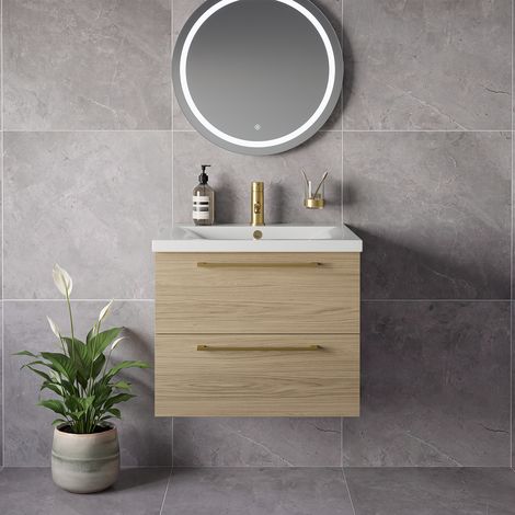 Napoli 460 Light Oak 600mm Wall Mounted 2 Drawer Vanity Unit with Glide Basin - 600mm - Brushed Brass 320mm Handle
