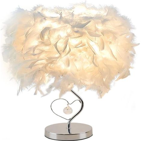 Lampe de chevet moderne en plumes, abat-jour en plumes avec base en métal et cœur en cristal pour la chambre (1/5)