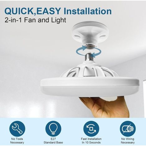 Ventilateur de plafond éclairé, ventilateur de plafond fermé silencieux E27 de 10 pouces, 30W, ventilateur mural portable enfichable pour chambre à coucher et salon，Gradation de trois couleurs (1/4)