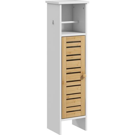 Meuble de salle de bain avec support papier toilette barre amovible 3 Niveaux + Sortie Papier, 78H cm, Bambou blanc (1/5)