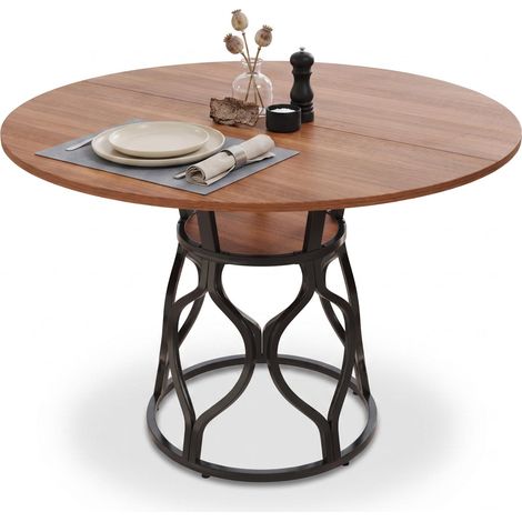 FurnitureR Table ronde 100 cm effet noyer avec structure métal noir, tablette et pieds réglables, idéale pour 4 à 6 personnes (1/5)