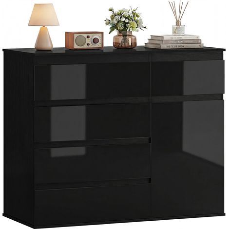 Modernes Sideboard, Stauraum-Sideboard mit 5 Schubladen, verstellbarem Regal, Soft-Close-Tür, Schwarz Hochglanz (1/5)
