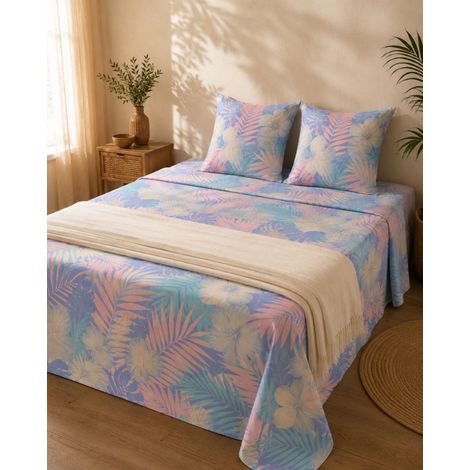 Parure de lit Tropicale – Drap 240x310 cm + 2 Taies 60x60 cm - 240x310cm - Bleu (1/2)