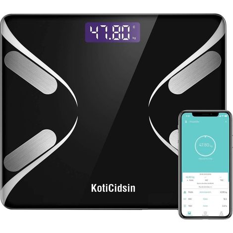 Pèse-personne impédancemètre Bluetooth – Écran rétroéclairé LED grand – Analyse IMC – Mesure poids 6kg-180kg – Masse musculaire et osseuse – Koticidsin