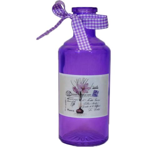 Bottiglia in vetro viola decorata con fiocco e adesivo, altezza 19,5 cm