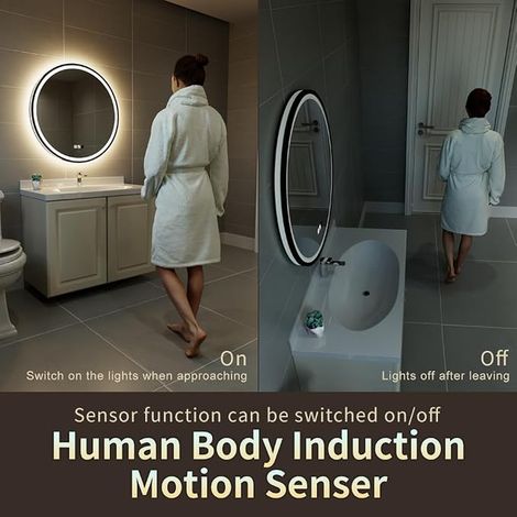 LED Sensor Round Vanity Mirror with Dimmable Lighting Anti-Fog Waterproof Bathroom Vanity Mirror Black 80L x 80W cm (1/2)