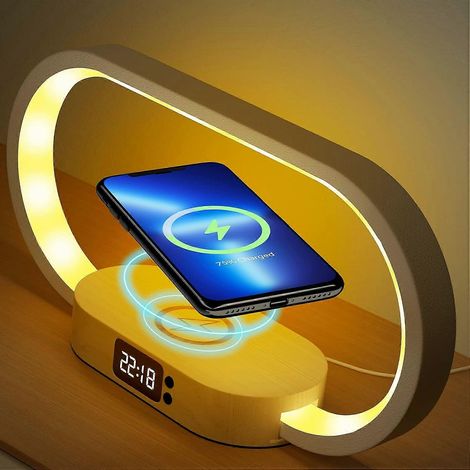 Nachttischlampe mit kabelloser Ladefunktion, Touch-Steuerung, dimmbare LED-Tischlampe fürs Schlafzimmer, USB-Nachtlicht mit 5 Farbtemperaturen und Uhr, Holz-Nachttischlampe (1/5)