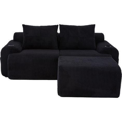 Canapé modulaire en velours côtelé 2 places avec poufs, entièrement modulable, avec porte-gobelet et poche de rangement latérale, idéal pour le salon, la salle familiale et d’autres pièces - noir