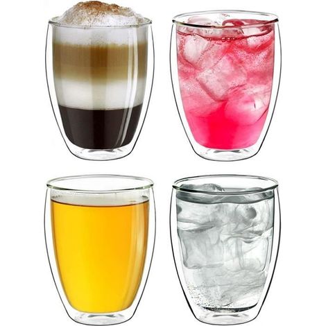 Ensemble de 4 Verres Thermique à Double Paroi Haute, Résistant à la Chaleur en Verre Borosilicaté, Verre à Café/Thé  250ml (1/4)
