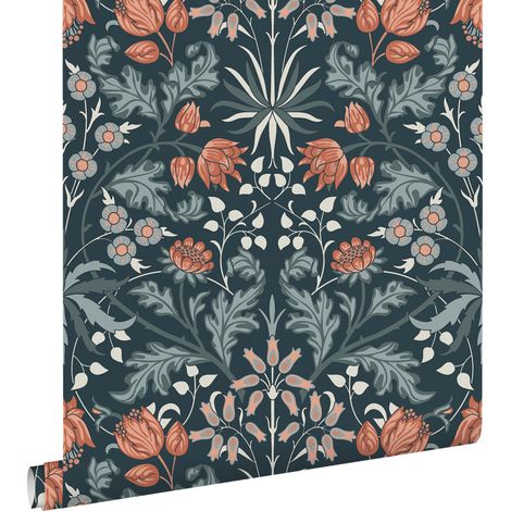 papier peint fleurs vintage de style art nouveau bleu foncé et terracotta - ESTAhome (1/5)