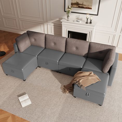 Divano modulare a U in velluto e cord grigio anticato, 6 moduli con contenitore, trasformabile a L o chaise longue (1/5)