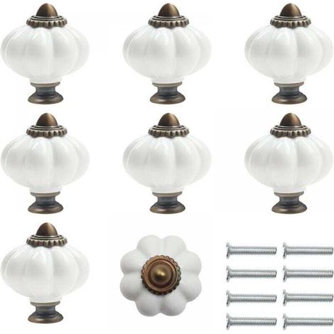 Poignées de meuble en céramique blanche et bronze avec , XU,vis citrouille (lot de 8) - Poignées de meuble rondes vintage - KZQ (1/4)
