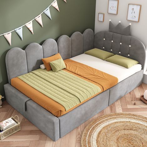 Lit banquette moderne en velours gris 90x190 cm avec tête de lit couronne, coffre relevable hydraulique et sommier à lattes
