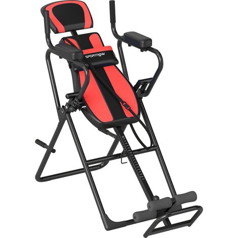SPORTNOW tabla de inversión plegable 3 en 1 con dominadas y flexiones, altura ajustable, ángulos 20° 40° 60°, soporte lumbar, tobillo bloqueo, rojo