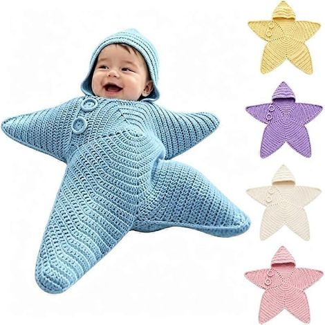 Kit de matériel bleuCouverture bébé étoile au crochet faite main avec capuche, tenue tricotée légère et respirante pour nouveau-né, adorable déguisement pour séance photo en studio (1/5)