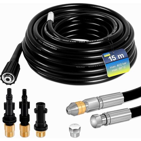 Gekufa Tuyau Nettoyeur Haute Pression 15m 400 bar, Compatible avec Furet Karcher K2 K3 K4 K5 K6 K7, Lavor, Bosch, Kit avec Buse Rotative, Buse Fixe et Adaptateurs en Laiton (1/5)