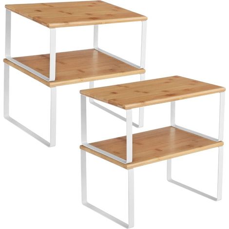 Étagère de Cuisine, Lot de 4, Organisateur, Porte-épices, Rangement de Placard, Empilable, Extensible, en Métal et Bambou, Blanc et Couleur Boisée KCS010N01 (1/5)