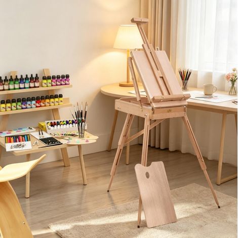 Chevalet pliable 40,7x18x55 cm en bois de hêtre clair avec rangement, pour atelier – MEUBLIV (1/5)