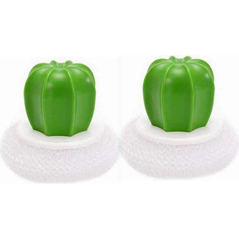 2pcs pinceaux de Cuisine en Forme de Cactus créatifs, Cactus Pot Fil éponge Boule Plat Brosse de Lavage en Acier Inoxydable récureurs Brosse de Nettoyage avec poignée en Plastique Blanc