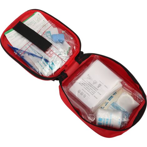 Trousse de premiers secours pour le camping et les voyages, lingettes humides, pommade pour brûlures, cotons-tiges, bandages, pansements et produits de soins. (1/5)