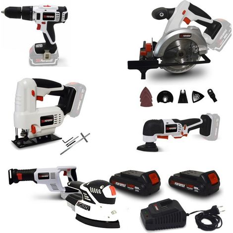 Pack Outillage X-Performer - Perceuse - Scie Sauteuse /Circulaire /Sabre /Multifonctions - Ponceuse - BATTERIES 2Ah - chargeur