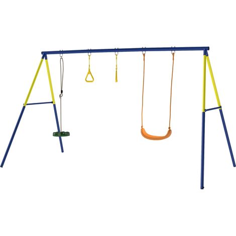 Portique balançoire 3-en-1 enfants avec siège balancelle, 2 anneaux gymnastique, balançoire à disque
