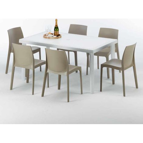 Tavolo Rettangolare Bianco 150x90 cm con 6 Sedie Colorate Rome Summerlife - Beige