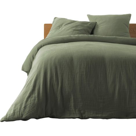 Housse de couette + 2 taies en gaze de coton 220 x 240 cm Tendance kaki