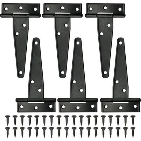 6 PCS Black T-Hinges Barn Door Hinges 4 Inch Outdoor T-Hinges with 36 Screws Iron Door Hinges Heavy Duty Hinges for Doors, Windows, Garden Sheds (1/5)