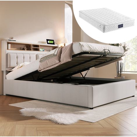 DESVIAE Lit double capitonné avec rangement et tête de lit réglable prises USB et USB C 160 x 200 cm beige avec sommier et matelas ressorts ensachés 7 zones en lin (1/5)