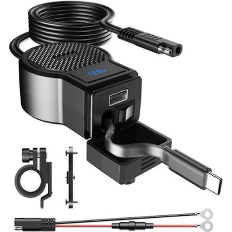Chargeur de téléphone USB ultra-rapide PD QC4.0 pour moto, étanche, avec câble rétractable de type C et voltmètre intégré. (1/5)