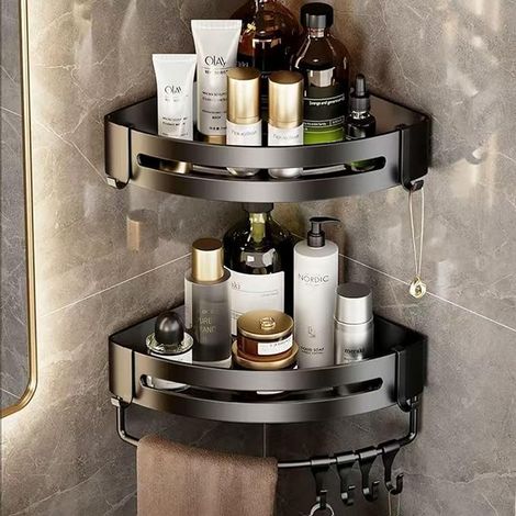 2 Pièces Etagere Douche sans Percage, Etagere Salle de Bain en Métal avec 8 Crochets, étagère Douche sans Perçage, Rangement et Organisation de la Salle de Bain Noir