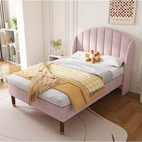 Lit simple en velours rose 90x200 cm avec tête de lit et sommier à lattes inclus (1/5)