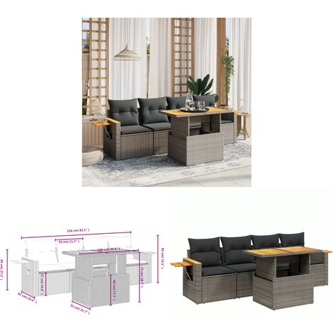 5-tlg. Garten-Sofagarnitur mit Kissen Grau Poly Rattan - Gartenmöbel - Outdoor Möbel - Rattan Gartenset - Lounge Set - Sofasitzgruppe - Home & Living (1/3)