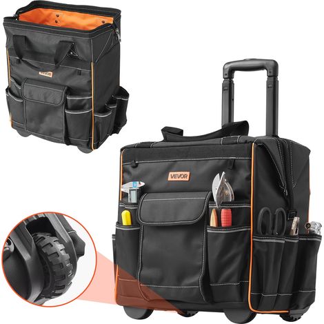 Sac à Outils à Roulettes, Charge 50 kg, Caisse à Outil, 39x29x42 cm, avec 25 Poches, Poignée Télescopique, Base Stable, Sac Organisateur Outils Robuste pour Électriciens, Plombiers, Mécaniciens