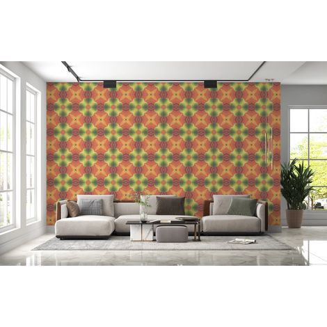 Papier peint rétro - rosaces graphiques orange et marron - 150 x 250 cm (1/2)