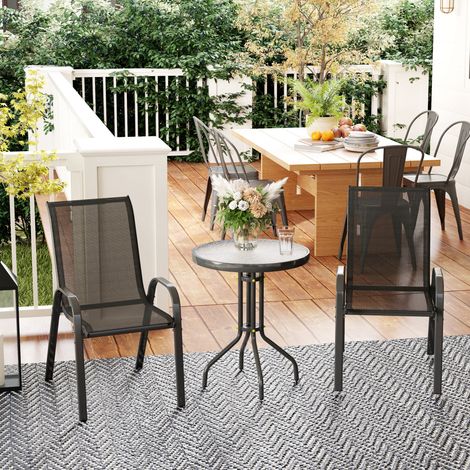 3 pièces salon de jardin extérieur ensemble de meubles 2 fauteuils empilables table basse dessus verre en trempé noir