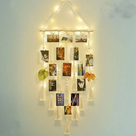 Décoration murale à suspendre pour affichage de photos, cadre photo bohème en macramé, porte-photos avec lumière et 20 clips, cadeaux de Noël (1/5)