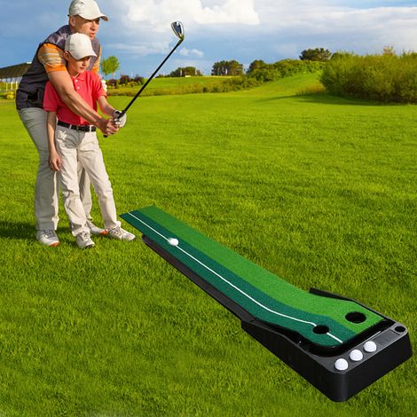 Jiubiaz Tapis de Putting Golf 250 cm avec Retour de Balle, Entraîneur de Putting Intérieur avec 2 Trous, Putter et 3 Balles pour Maison et Bureau (1/5)