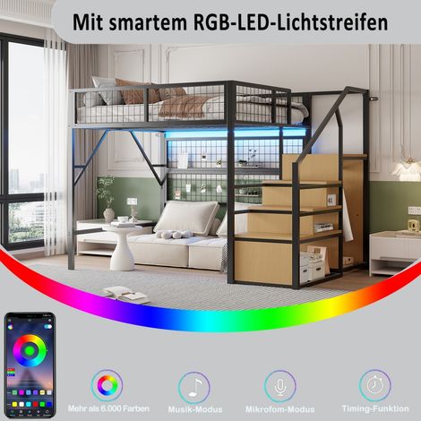 Lit mezzanine avec rangement et LEDs pour enfants et ados-Lit double, escalier-armoire rangement noir-225x145x170cm-Sans matelas (1/5)