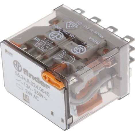 Relais de puissance 4RT 12A 24V AC bouton test + indicateur mécanique FINDER 563480240040