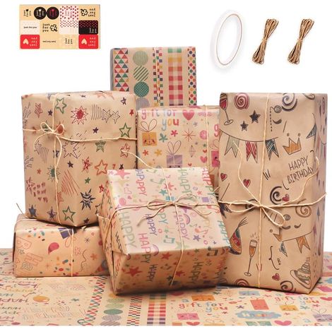 Juego de 6 rollos de papel de regalo reciclable para cumpleaños con cinta adhesiva de doble cara y cuerda de paja de 10 m, papel de regalo marrón para hombres, niñas y niños, 70 x 50 cm (1/5)