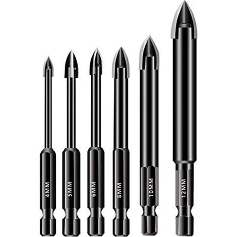 6Pcs Verre Mèche Set 4/5/6/8 / Carbide Tipped Carreau De Semis 10 / 12mm Bit Hex Shank Spear Head Mèche Pour Tuiles En Céramique De Verre Miroir Porcelaine Marbre