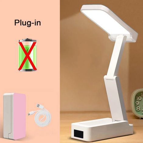 (Version rose avec prise secteur) Lampe de bureau pliable et portable avec horloge, rechargeable par USB, lampe de bureau LED pliable (1/5)