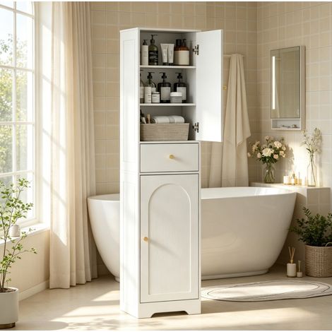 Armoire haute de salle de bain blanche en panneaux de particules 40 x 29,5 x 170 cm OKWISH (1/5)