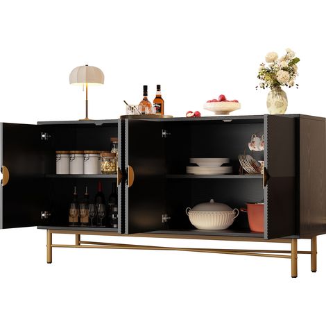 Buffet Noir Texturé 160×40×82cm – 4 Portes Relief Bois, Poignées Dorées Brossées, Pieds Brillants, Fermeture Silencieuse