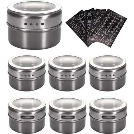 Pots à épices en acier inoxydable, boîtes à épices magnétiques, boîtes à épices magnétiques pour le réfrigérateur (6 pièces, 5 étiquettes) (1/5)